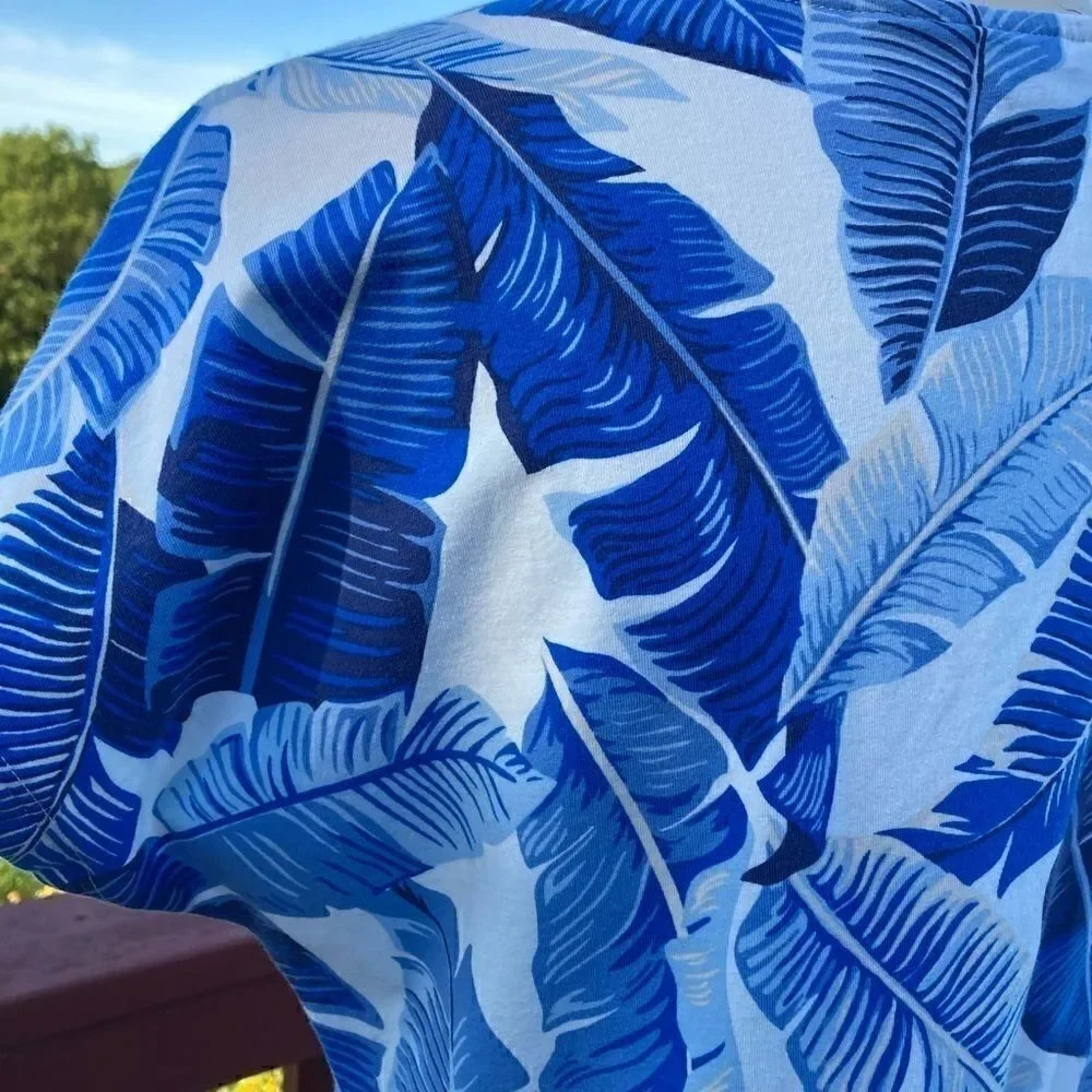 Land’s End navy bright blue white abstract palm print Cotton midi dress SP